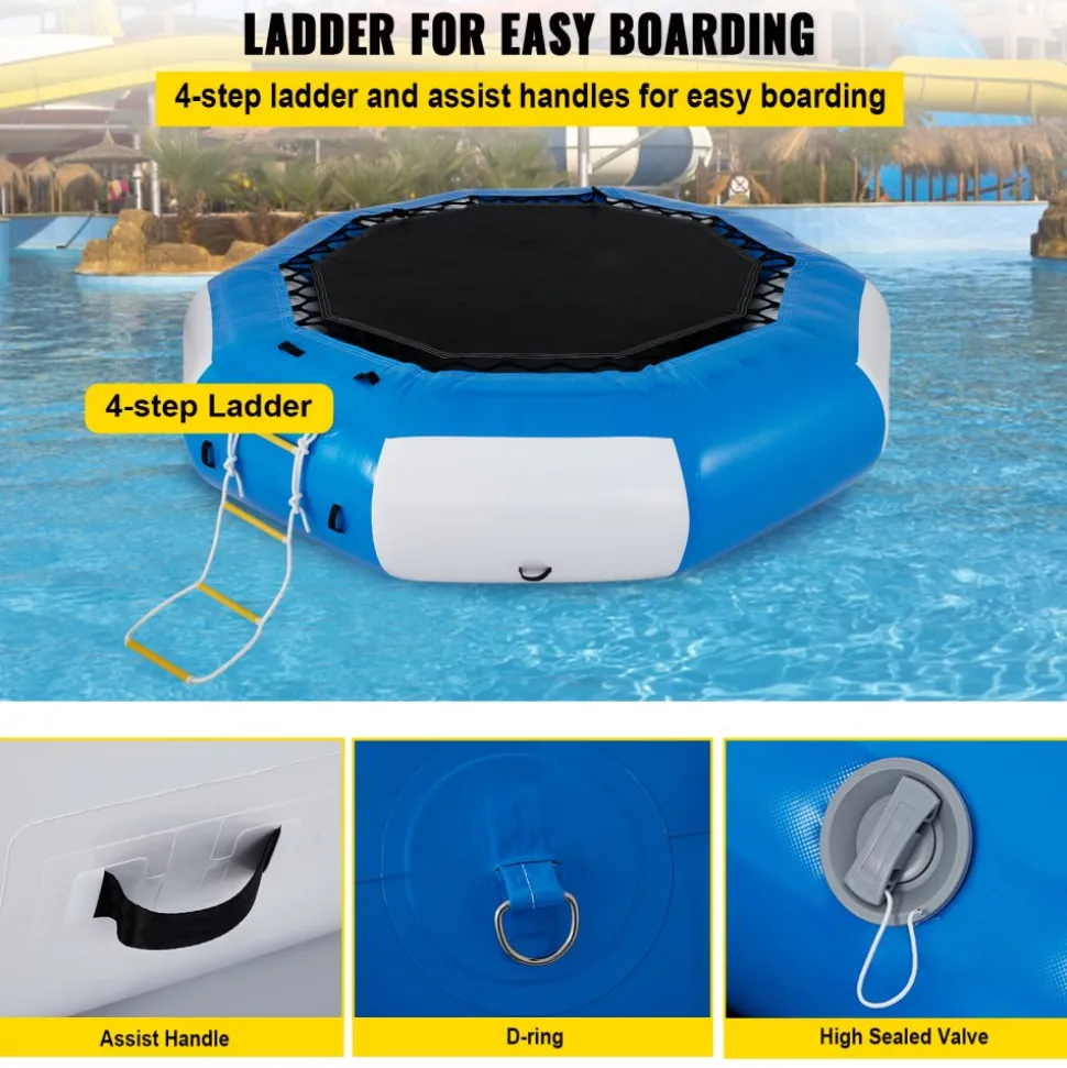 VEVOR Inflatable Water Trampoline, 13ft Recreational Water Bouncer with Escalator, Round Inflatable Water Trampoline in Blue and White, Floating Trampoline for Lakes, Pools, Calm Sea