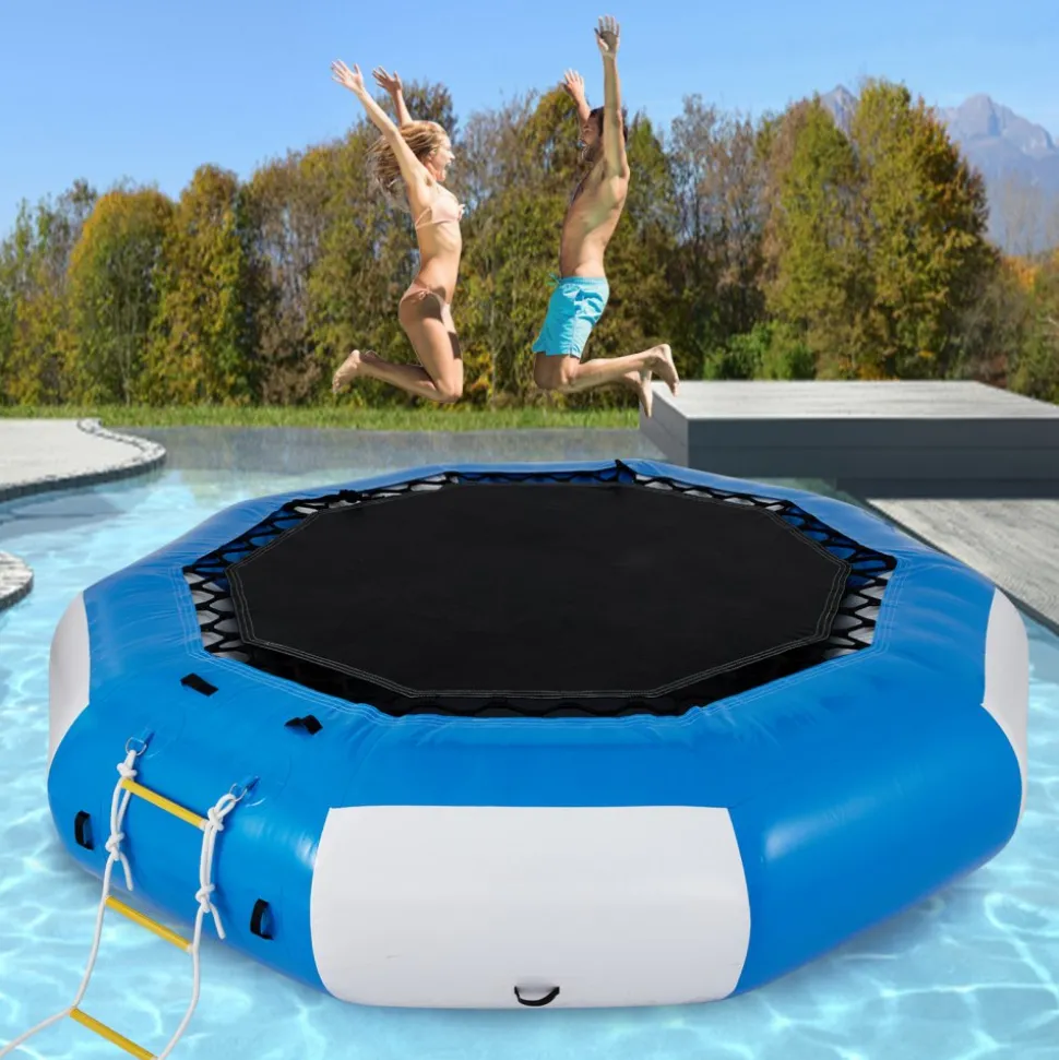 VEVOR Inflatable Water Trampoline, 13ft Recreational Water Bouncer with Escalator, Round Inflatable Water Trampoline in Blue and White, Floating Trampoline for Lakes, Pools, Calm Sea