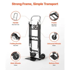 VEVOR 2 in 1 Folding Hand Truck, 500 lbs Load Capacity for 4-Wheel Mode, Convertible Hand Truck Dolly with Wheels & Adjustable Handle, Portable Dolly for Moving Home, Office, Warehouse