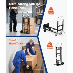 VEVOR 2 in 1 Folding Hand Truck, 500 lbs Load Capacity for 4-Wheel Mode, Convertible Hand Truck Dolly with Wheels & Adjustable Handle, Portable Dolly for Moving Home, Office, Warehouse
