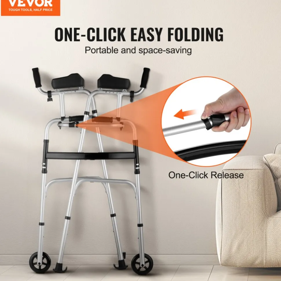 VEVOR 2 in 1 Folding Walker & Removable Armrests, Height Adjustable Foldable Walker with 5" Solid Wheels, Lightweight Aluminum | Front Wheeled Mobility Aid for Elderly Handicapped Disabled, 450 Pounds