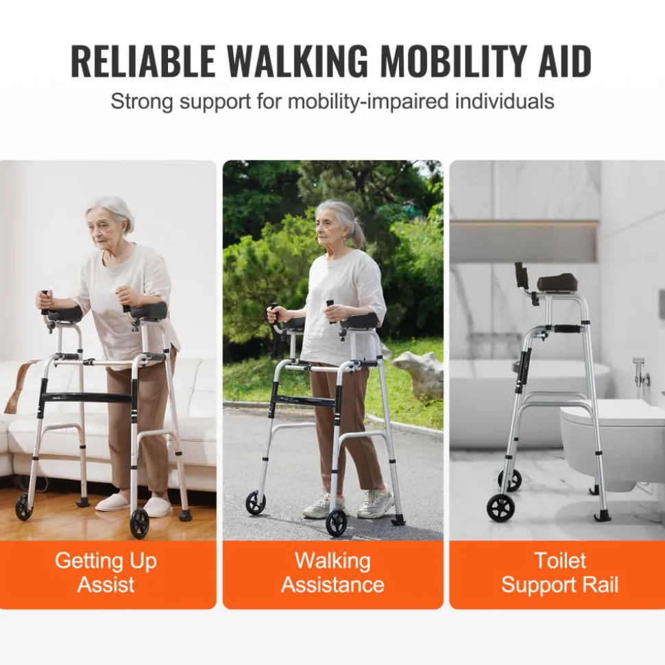 VEVOR 2 in 1 Folding Walker & Removable Armrests, Height Adjustable Foldable Walker with 5" Solid Wheels, Lightweight Aluminum | Front Wheeled Mobility Aid for Elderly Handicapped Disabled, 450 Pounds