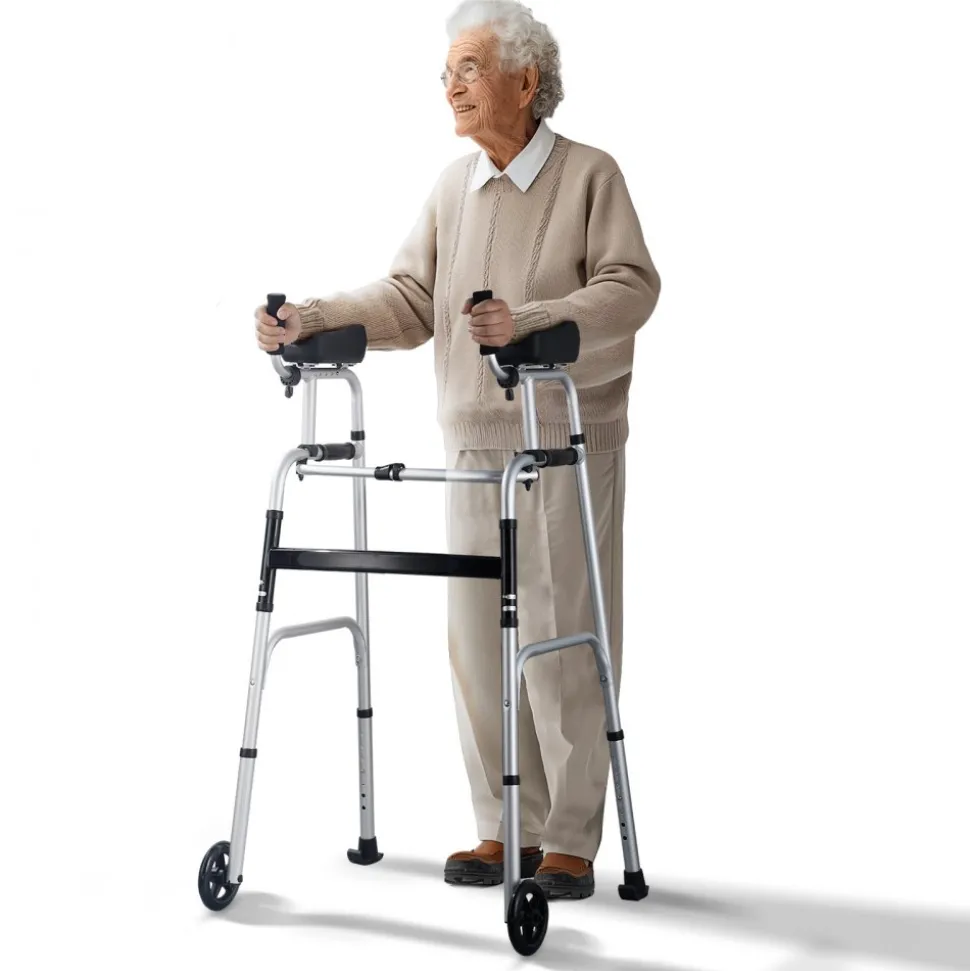 VEVOR 2 in 1 Folding Walker & Removable Armrests, Height Adjustable Foldable Walker with 5" Solid Wheels, Lightweight Aluminum | Front Wheeled Mobility Aid for Elderly Handicapped Disabled, 450 Pounds