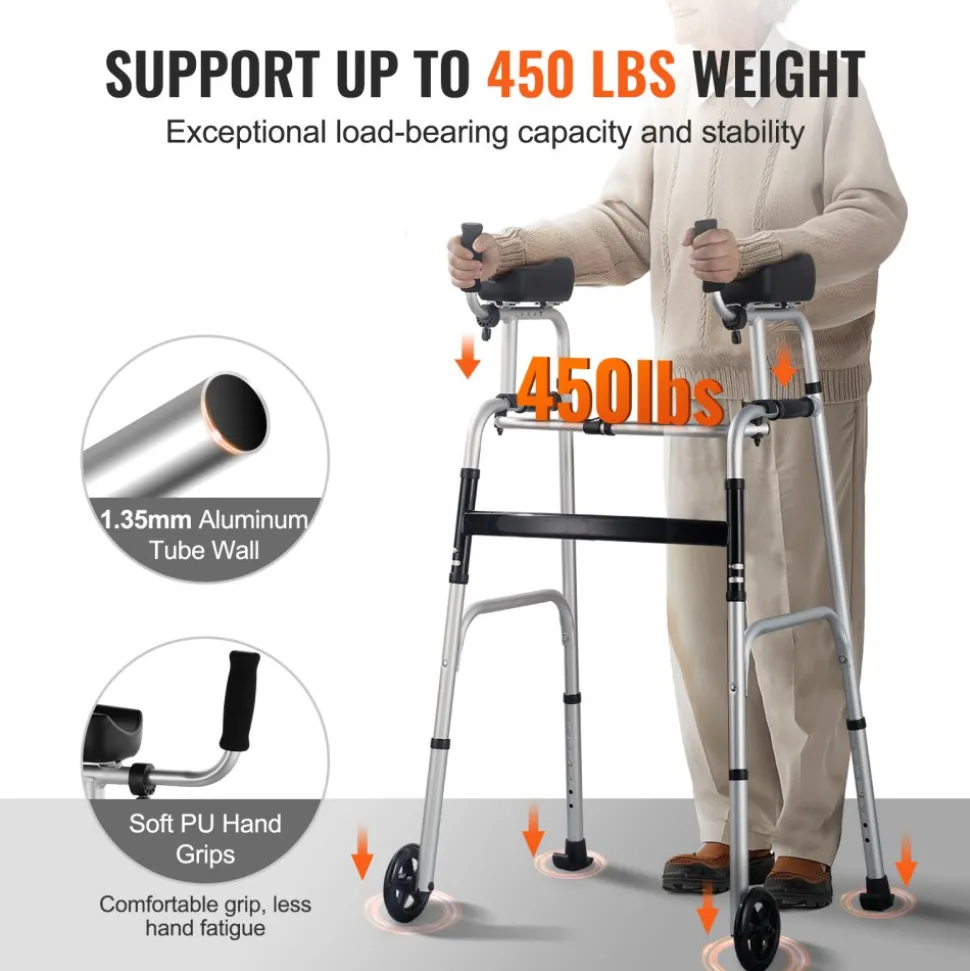 VEVOR 2 in 1 Folding Walker & Removable Armrests, Height Adjustable Foldable Walker with 5" Solid Wheels, Lightweight Aluminum | Front Wheeled Mobility Aid for Elderly Handicapped Disabled, 450 Pounds