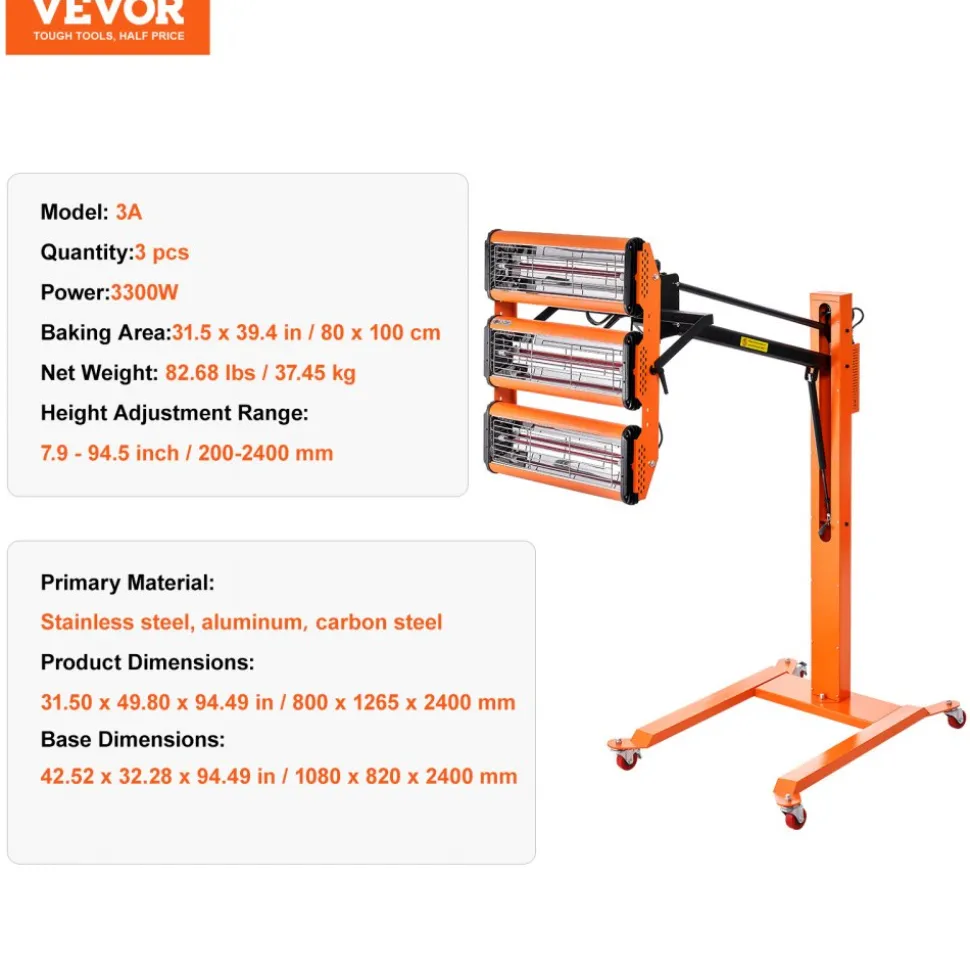 VEVOR Infrared Curing Lamp, 3300W 1-60 min Timing, Auto Heating Car Curing Light with Bracket, 8.61 sq.ft Baking Area Spray Baking Booth Heaters, Paint Dryer for On-Site Repair, Engine Drying 1 Pack