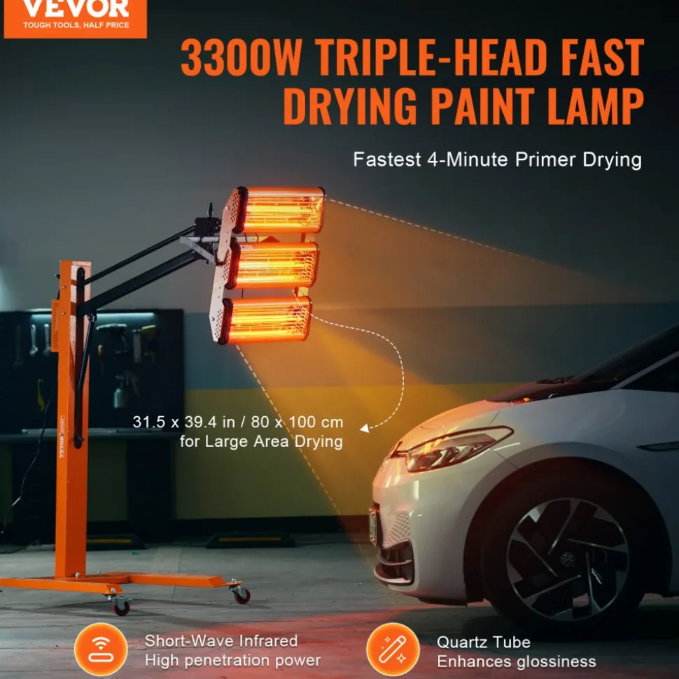 VEVOR Infrared Curing Lamp, 3300W 1-60 min Timing, Auto Heating Car Curing Light with Bracket, 8.61 sq.ft Baking Area Spray Baking Booth Heaters, Paint Dryer for On-Site Repair, Engine Drying 1 Pack