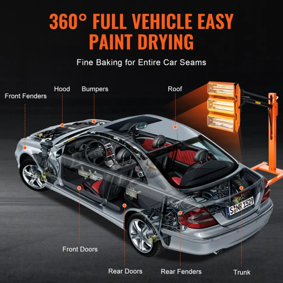 VEVOR Infrared Curing Lamp, 3300W 1-60 min Timing, Auto Heating Car Curing Light with Bracket, 8.61 sq.ft Baking Area Spray Baking Booth Heaters, Paint Dryer for On-Site Repair, Engine Drying 1 Pack