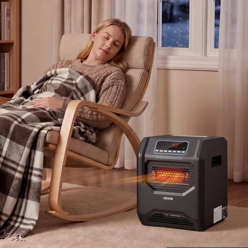 VEVOR Infrared Heater 1500W Electric Space Heater with Remote Control Black, 3 Heat Settings, 12H Timer, Overheat Shutoff, Portable Wheels, Premium ABS, Indoor Use for Bedrooms, Offices, Studies