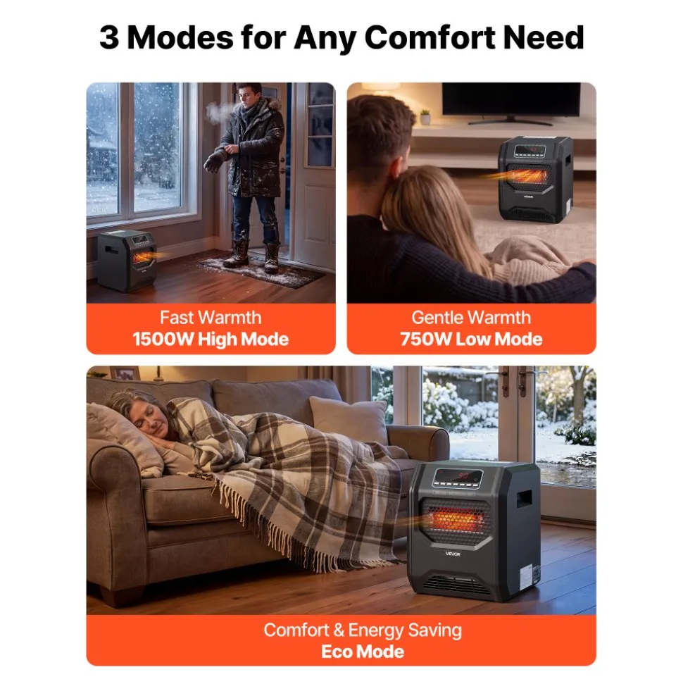 VEVOR Infrared Heater 1500W Electric Space Heater with Remote Control Black, 3 Heat Settings, 12H Timer, Overheat Shutoff, Portable Wheels, Premium ABS, Indoor Use for Bedrooms, Offices, Studies