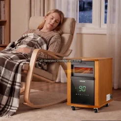 VEVOR Infrared Heater 1500W Electric Space Heater with Remote Control, 3 Heat Settings, 12H Timer, Overheat Shutoff, Portable Wheels, Premium MDF, for Indoor Bedrooms, Offices, Studies, Light Wood