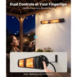 VEVOR Infrared Heater 1500W Electric Space Heater 3 Heat Settings Black, with Remote Control for Outdoor Use, 24 Hours Timer, Premium Aluminum Alloy, Even Warmth for Patios, Backyards, and Balconies