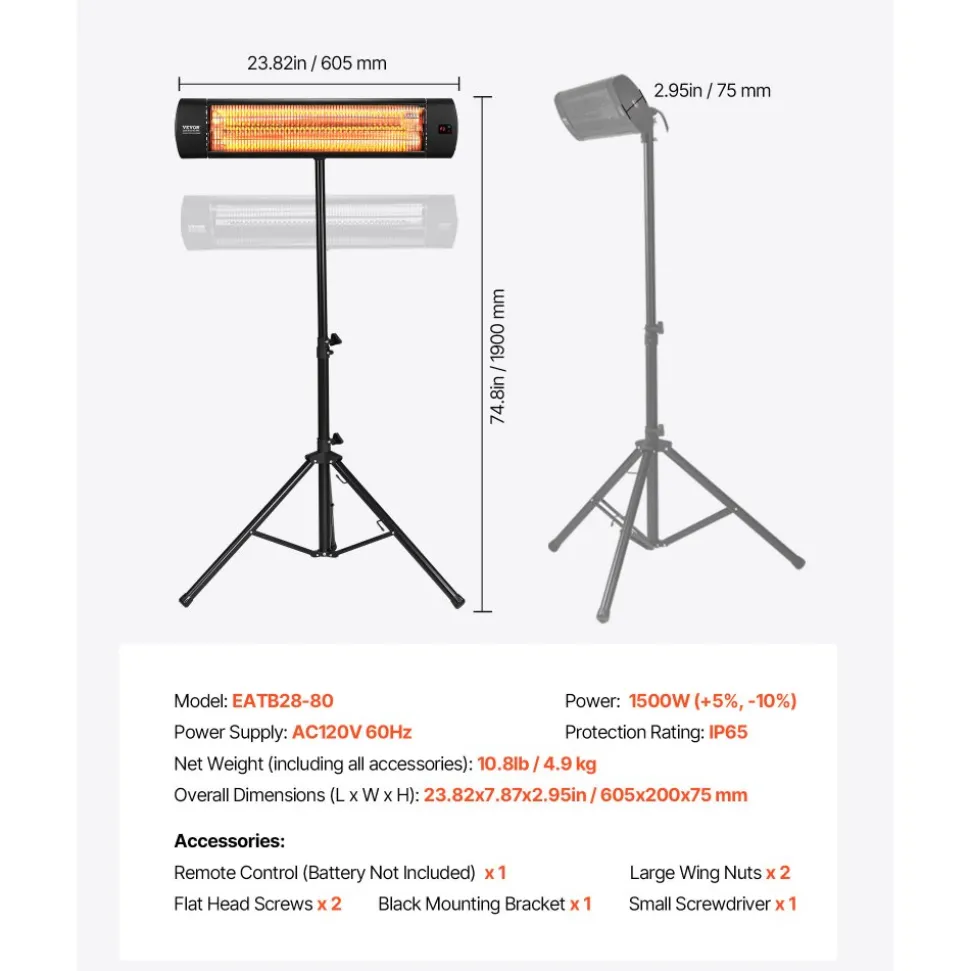 VEVOR Infrared Heater, 1500W Electric Space Heater with Remote Control, LED Screen w/ 3 Speeds & Timer, Outdoor/Outdoor for Patio,Porch,Dining Room,Studio