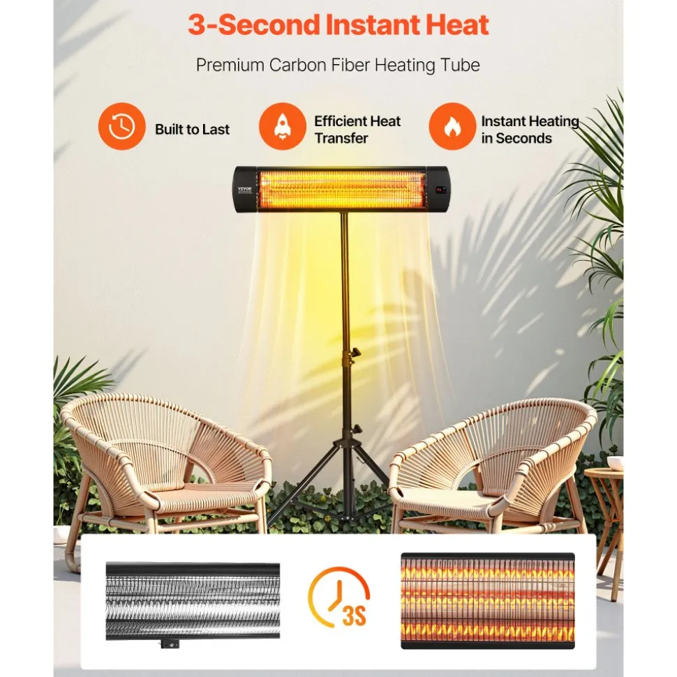 VEVOR Infrared Heater, 1500W Electric Space Heater with Remote Control, LED Screen w/ 3 Speeds & Timer, Outdoor/Outdoor for Patio,Porch,Dining Room,Studio