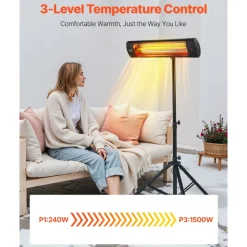 VEVOR Infrared Heater, 1500W Electric Space Heater with Remote Control, LED Screen w/ 3 Speeds & Timer, Outdoor/Outdoor for Patio,Porch,Dining Room,Studio