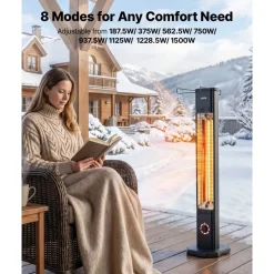 VEVOR Infrared Heater 1500W Electric Space Heater 8 Heat Settings Black, with Remote Control for Outdoor Use, 8H Timer, Overheat Protection, Cold-Rolled Steel, for Patios, Backyards, and Balconies