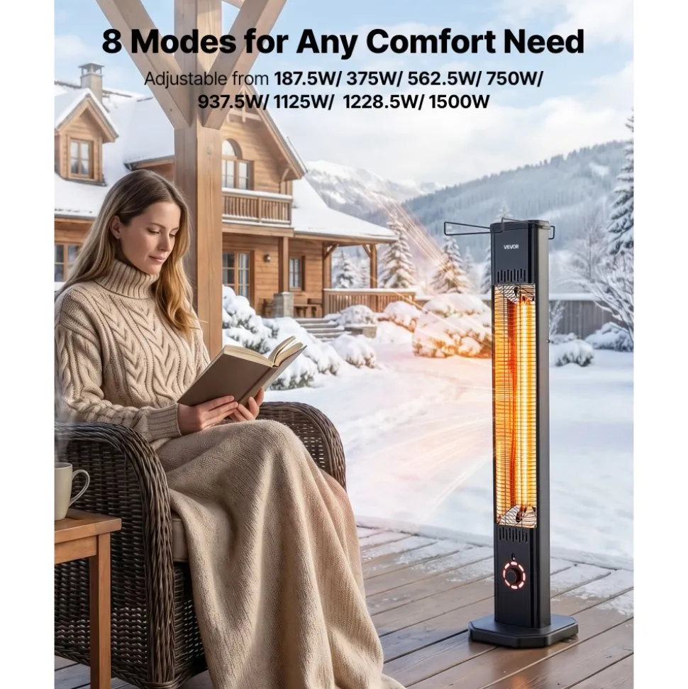 VEVOR Infrared Heater 1500W Electric Space Heater 8 Heat Settings Black, with Remote Control for Outdoor Use, 8H Timer, Overheat Protection, Cold-Rolled Steel, for Patios, Backyards, and Balconies