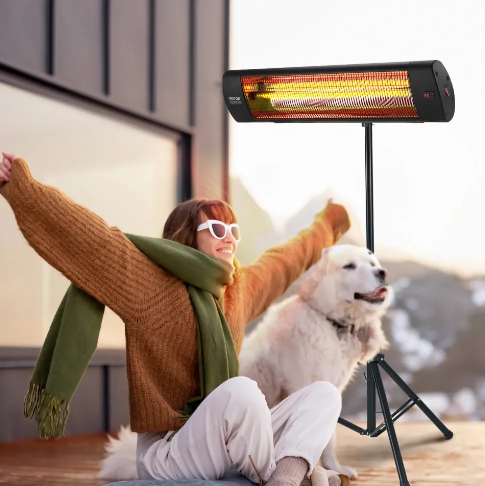 VEVOR Infrared Heater, 1500W Remote Control Electric Space Heater, LED Screen Patio Heater w/ 3 Speeds & Timer, Outdoor/Outdoor for Porch,Dining Room,Studio, with Stand & Mount to Ceiling/Wall,34in L