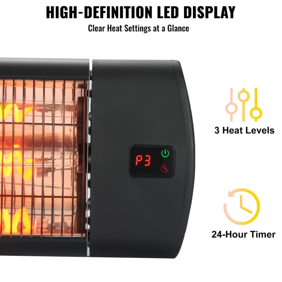 VEVOR Infrared Heater, 1500W Remote Control Electric Space Heater, LED Screen Patio Heater w/ 3 Speeds & Timer, Outdoor/Outdoor for Porch,Dining Room,Studio, with Stand & Mount to Ceiling/Wall,34in L