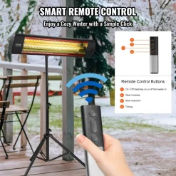 VEVOR Infrared Heater, 1500W Remote Control Electric Space Heater, LED Screen Patio Heater w/ 3 Speeds & Timer, Outdoor/Outdoor for Porch,Dining Room,Studio, with Stand & Mount to Ceiling/Wall,34in L