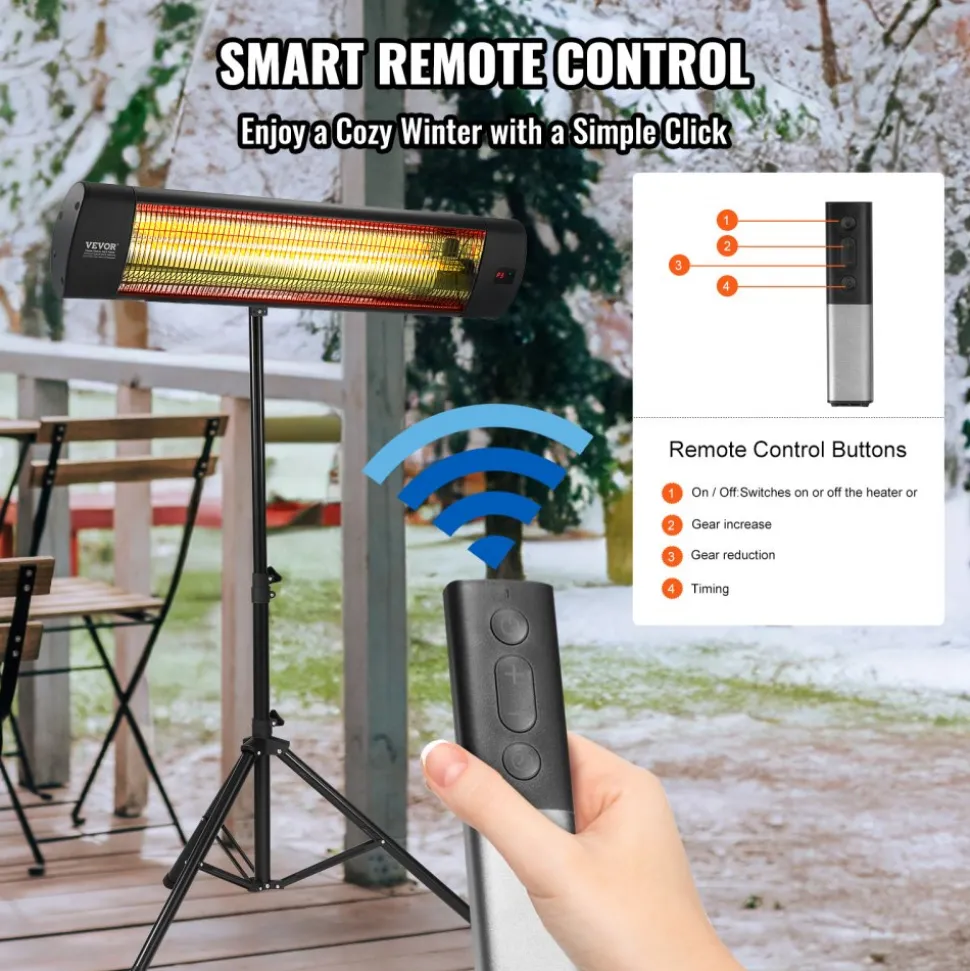 VEVOR Infrared Heater, 1500W Remote Control Electric Space Heater, LED Screen Patio Heater w/ 3 Speeds & Timer, Outdoor/Outdoor for Porch,Dining Room,Studio, with Stand & Mount to Ceiling/Wall,34in L