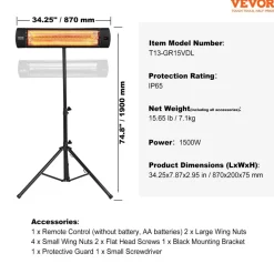 VEVOR Infrared Heater, 1500W Remote Control Electric Space Heater, LED Screen Patio Heater w/ 3 Speeds & Timer, Outdoor/Outdoor for Porch,Dining Room,Studio, with Stand & Mount to Ceiling/Wall,34in L