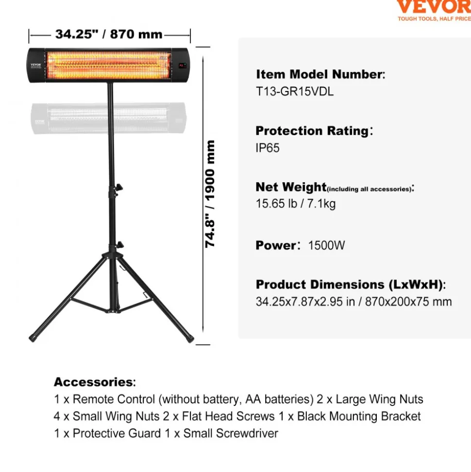 VEVOR Infrared Heater, 1500W Remote Control Electric Space Heater, LED Screen Patio Heater w/ 3 Speeds & Timer, Outdoor/Outdoor for Porch,Dining Room,Studio, with Stand & Mount to Ceiling/Wall,34in L