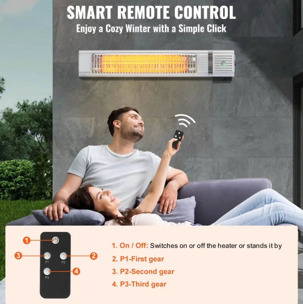 VEVOR Infrared Heater, 1500W Remote Control Electric Space Infrared Heater, IP65 Protection Carbon Infrared Outdoor Heater with 3 Speeds, for Porch,Patio,Dining Room,Studio,Backyard,Garage, Wall Mount