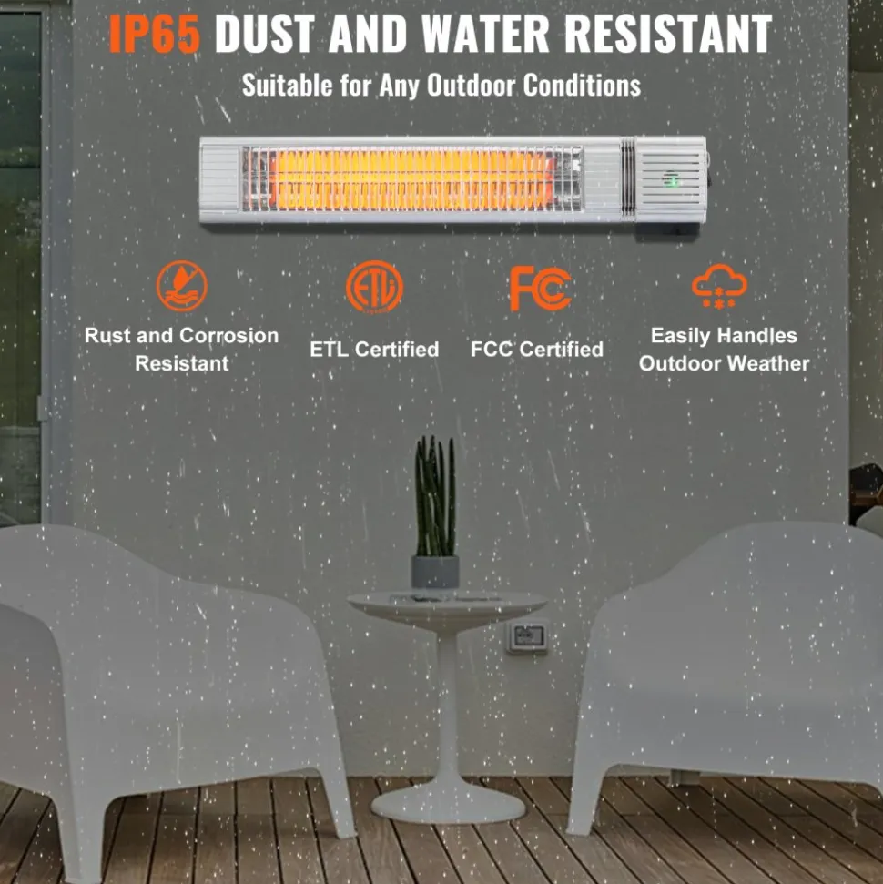 VEVOR Infrared Heater, 1500W Remote Control Electric Space Infrared Heater, IP65 Protection Carbon Infrared Outdoor Heater with 3 Speeds, for Porch,Patio,Dining Room,Studio,Backyard,Garage, Wall Mount