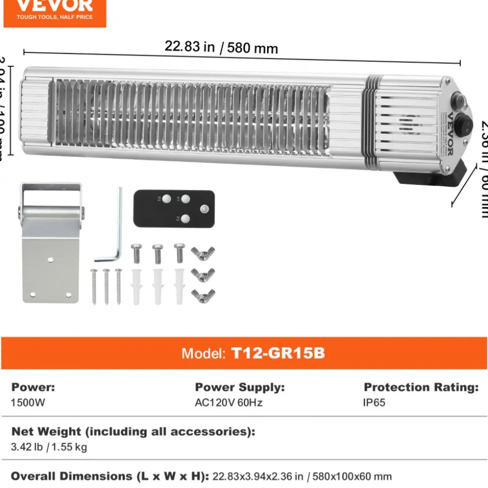 VEVOR Infrared Heater, 1500W Remote Control Electric Space Infrared Heater, IP65 Protection Carbon Infrared Outdoor Heater with 3 Speeds, for Porch,Patio,Dining Room,Studio,Backyard,Garage, Wall Mount