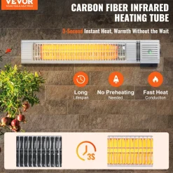 VEVOR Infrared Heater, 1500W Remote Control Electric Space Infrared Heater, IP65 Protection Carbon Infrared Outdoor Heater with 3 Speeds, for Porch,Patio,Dining Room,Studio,Backyard,Garage, Wall Mount