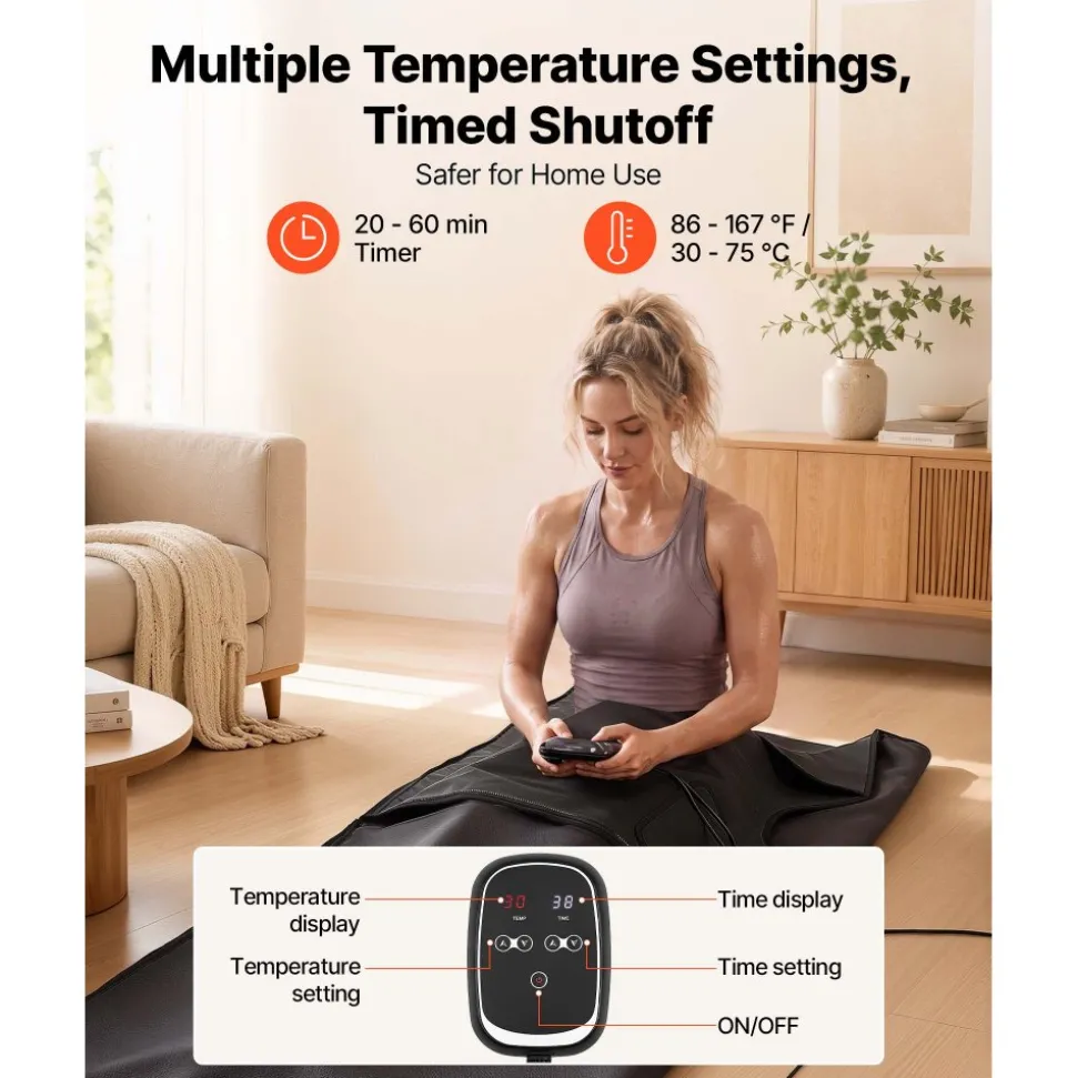VEVOR Infrared Sauna Blanket with Armholes, 71 x 35 in Portable Sauna Bag, Even Heating for Home Detox & Relaxation, Temp Control & Timer, PU Leather Heating Wrap with Towel Liner, Carry Bag, Black