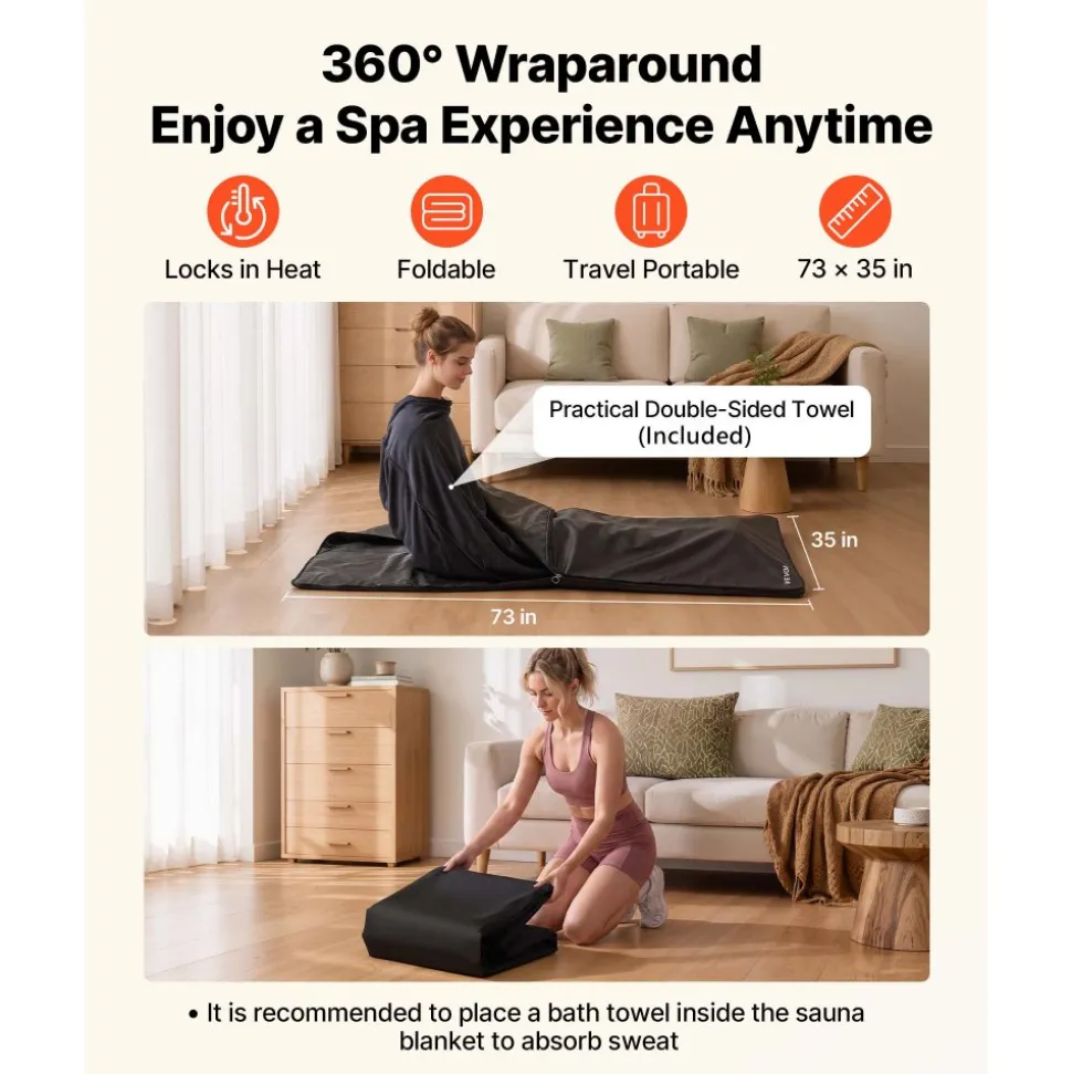 VEVOR Infrared Sauna Blanket with Armholes, 71 x 35 in Portable Sauna Bag, Even Heating for Home Detox & Relaxation, Temp Control & Timer, PU Leather Heating Wrap with Towel Liner, Carry Bag, Black