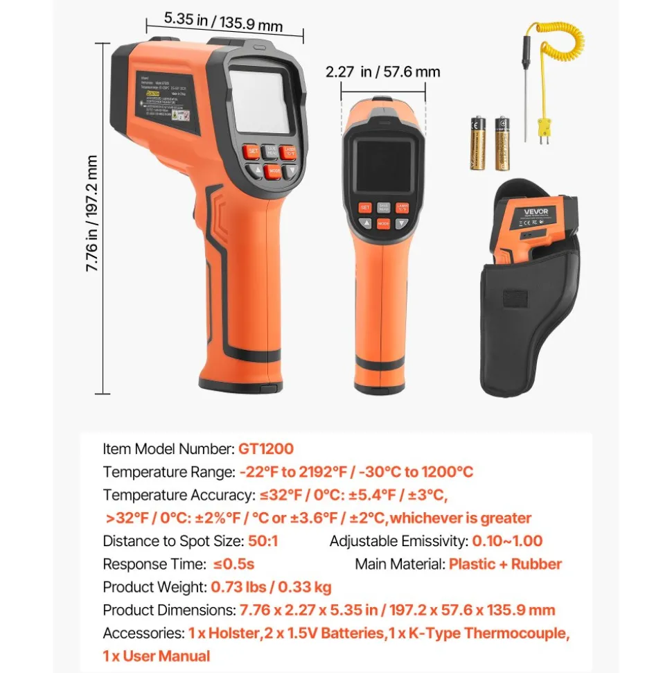 VEVOR Infrared Thermometer, -22℉ to 2192℉ Dual-Mode IR Thermometer Gun with K-Type Thermocouple, Dual Laser Heat Temperature Gun Non-Contact for Cooking/Griddle/Engine/Industrial Use (Not for Human)