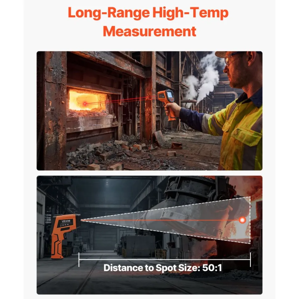 VEVOR Infrared Thermometer, -22℉ to 2192℉ Dual-Mode IR Thermometer Gun with K-Type Thermocouple, Dual Laser Heat Temperature Gun Non-Contact for Cooking/Griddle/Engine/Industrial Use (Not for Human)