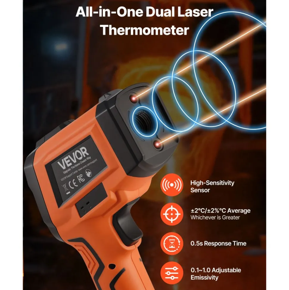 VEVOR Infrared Thermometer, -22℉ to 2912℉ Dual-Mode IR Thermometer Gun with K-Type Thermocouple, Dual Laser Heat Temperature Gun Non-Contact for Metal Smelting/Engine/Industry/Cooking (Not for Human)