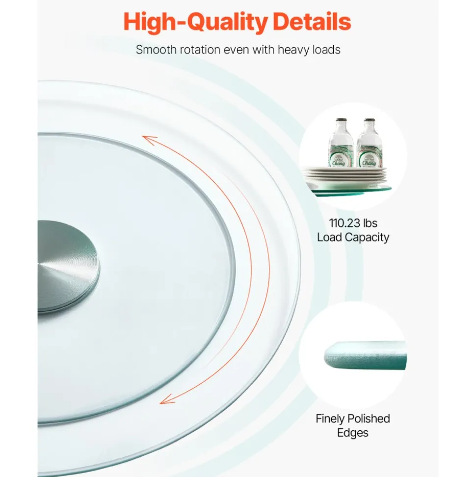 VEVOR 20 in Glass Lazy Susan Turntable, 360° Rotation Round Clear Tabletop Rotating Tray, Tempered Glass Dining Table Centerpiece, Smooth and Silent Spin, for Family Gatherings, Banquets & Weddings
