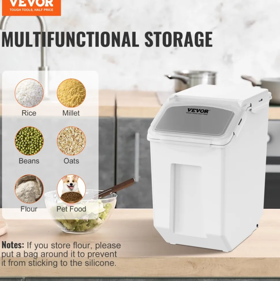 VEVOR Ingredient Storage Bin, 2 x 15L Dispenser Bin with 2 Measuring Cups, Attachable Casters and Airtight Lid, 2 Pcs/Set Dog Pet Food Storage Container, PP Material Kitchen Rice Cereal Flour Bin