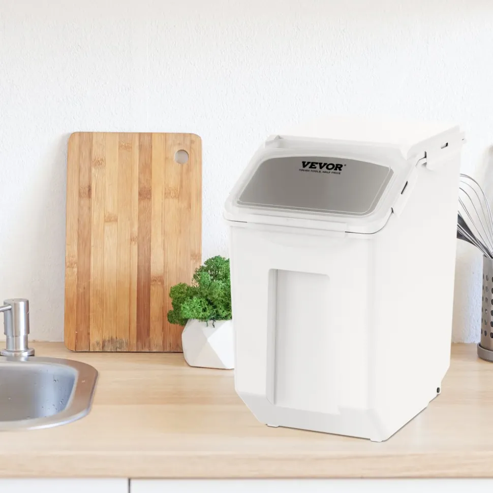VEVOR Ingredient Storage Bin, 2 x 15L Dispenser Bin with 2 Measuring Cups, Attachable Casters and Airtight Lid, 2 Pcs/Set Dog Pet Food Storage Container, PP Material Kitchen Rice Cereal Flour Bin