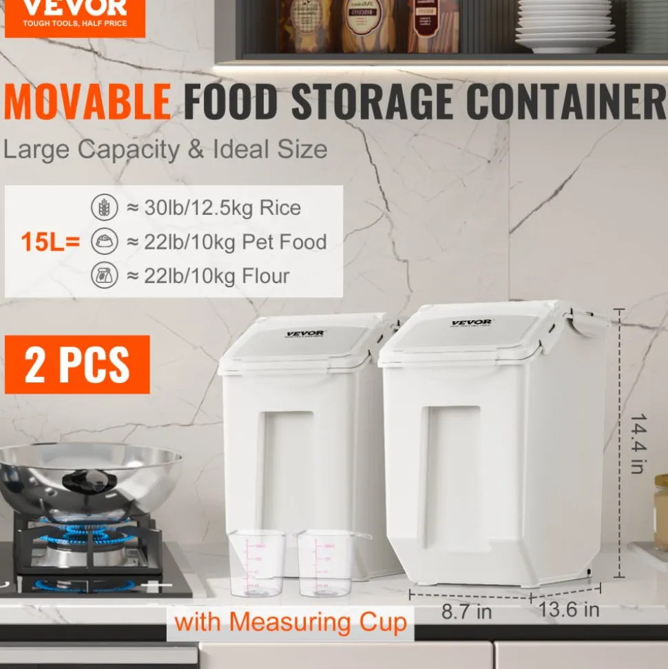 VEVOR Ingredient Storage Bin, 2 x 15L Dispenser Bin with 2 Measuring Cups, Attachable Casters and Airtight Lid, 2 Pcs/Set Dog Pet Food Storage Container, PP Material Kitchen Rice Cereal Flour Bin