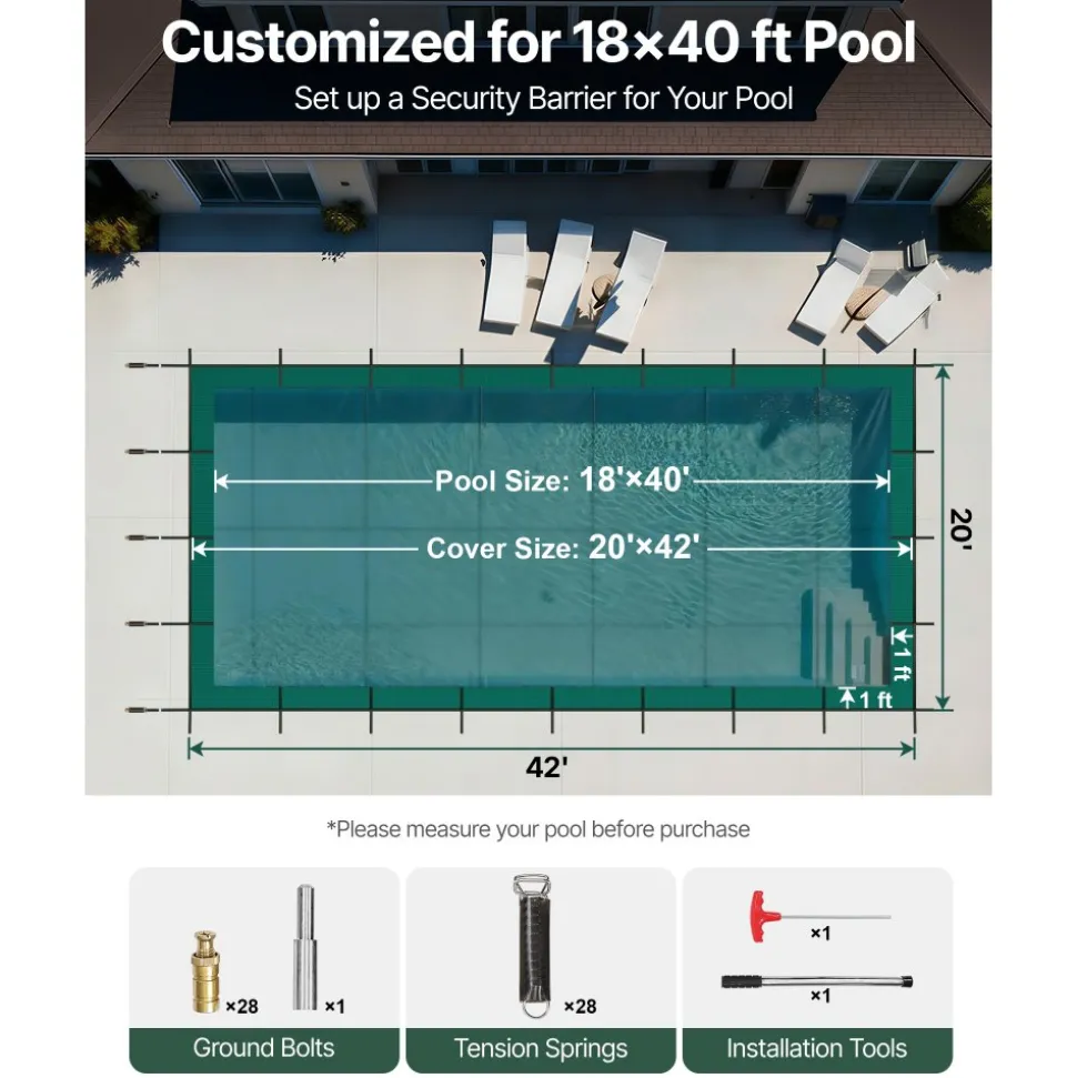 VEVOR Inground Pool Safety Cover, 20 ft x 42 ft Rectangular Winter Pool Cover, Triple Stitched, High Strength Mesh PP Material with Good Rain Permeability, Installation Hardware Included, Green