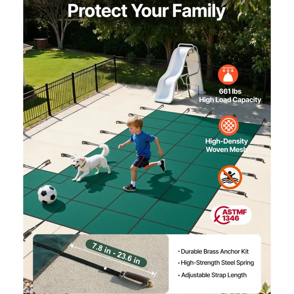 VEVOR Inground Pool Safety Cover, Fits 20 ft x 40 ft Rectangular Winter Pool Cover with Right Step, Triple Stitched, High Strength Mesh PP, Good Rain Permeability, Installation Hardware Included