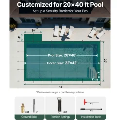 VEVOR Inground Pool Safety Cover, Fits 20 ft x 40 ft Rectangular Winter Pool Cover with Right Step, Triple Stitched, High Strength Mesh PP, Good Rain Permeability, Installation Hardware Included