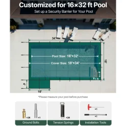 VEVOR Inground Pool Safety Cover, 18 ft x 34 ft Rectangular Winter Pool Cover with Left Step, Triple Stitched, High Strength Mesh PP Material, Good Rain Permeability, Installation Hardware Included