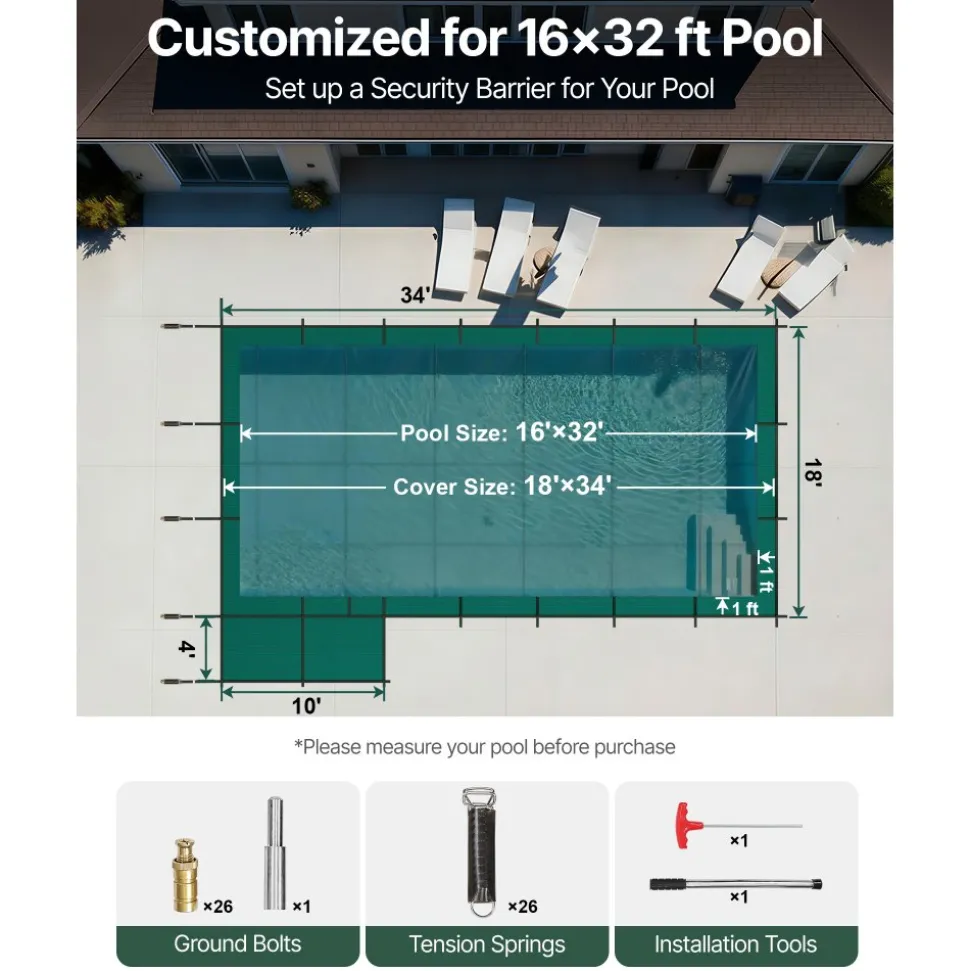 VEVOR Inground Pool Safety Cover, 18 ft x 34 ft Rectangular Winter Pool Cover with Left Step, Triple Stitched, High Strength Mesh PP Material, Good Rain Permeability, Installation Hardware Included