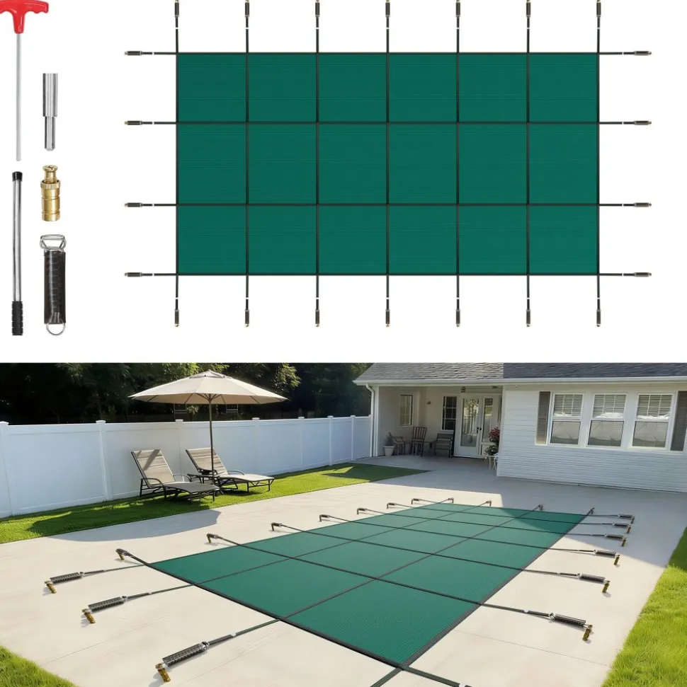 VEVOR Inground Pool Safety Cover, 16 ft x 30 ft Rectangular Winter Pool Cover, Triple Stitched, High Strength Mesh PP Material with Good Rain Permeability, Installation Hardware Included, Green