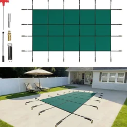 VEVOR Inground Pool Safety Cover, 14 ft x 26 ft Rectangular Winter Pool Cover, Triple Stitched, High Strength Mesh PP Material with Good Rain Permeability, Installation Hardware Included, Green