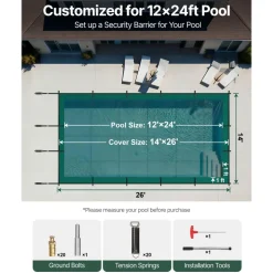 VEVOR Inground Pool Safety Cover, 14 ft x 26 ft Rectangular Winter Pool Cover, Triple Stitched, High Strength Mesh PP Material with Good Rain Permeability, Installation Hardware Included, Green