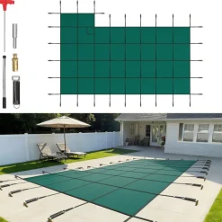 VEVOR Inground Pool Safety Cover, 20 ft x 38 ft Rectangular Winter Pool Cover with Right Step, Triple Stitched, High Strength Mesh PP Material, Good Rain Permeability, Installation Hardware Included