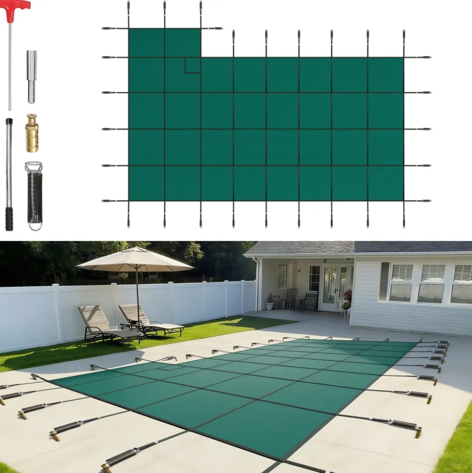 VEVOR Inground Pool Safety Cover, 20 ft x 38 ft Rectangular Winter Pool Cover with Right Step, Triple Stitched, High Strength Mesh PP Material, Good Rain Permeability, Installation Hardware Included
