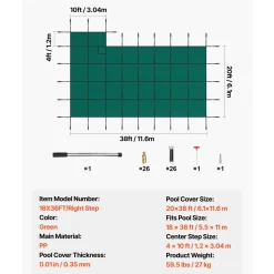 VEVOR Inground Pool Safety Cover, 20 ft x 38 ft Rectangular Winter Pool Cover with Right Step, Triple Stitched, High Strength Mesh PP Material, Good Rain Permeability, Installation Hardware Included